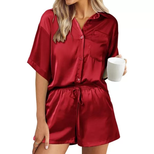 imagePRETTYGARDEN Womens 2 Piece Satin Pajama Sets Short Sleeve Button Down Tops And Shorts Set 2023 Summer Pjs Silk SleepwearRed