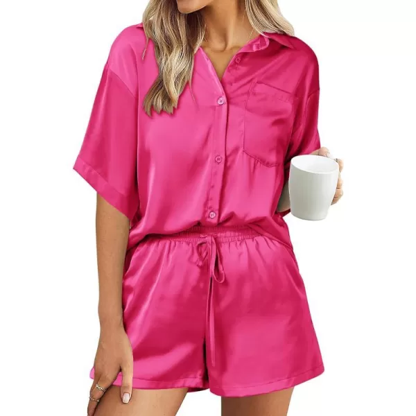 imagePRETTYGARDEN Womens 2 Piece Satin Pajama Sets Short Sleeve Button Down Tops And Shorts Set 2023 Summer Pjs Silk SleepwearRose Red