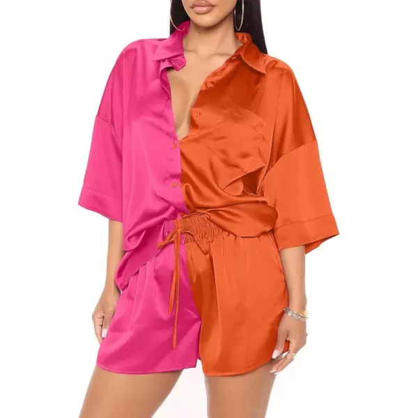 imagePRETTYGARDEN Womens 2 Piece Satin Pajama Sets Short Sleeve Button Down Tops And Shorts Set 2023 Summer Pjs Silk SleepwearRose Redorange