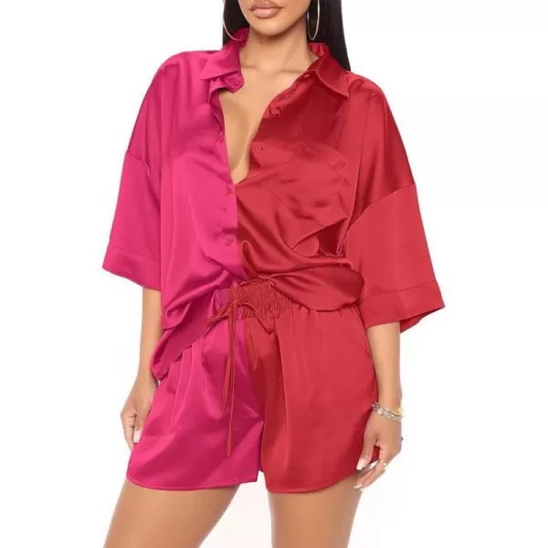 imagePRETTYGARDEN Womens 2 Piece Satin Pajama Sets Short Sleeve Button Down Tops And Shorts Set 2023 Summer Pjs Silk SleepwearRose Redred