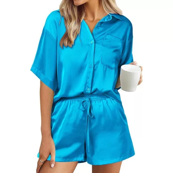 imagePRETTYGARDEN Womens 2 Piece Satin Pajama Sets Short Sleeve Button Down Tops And Shorts Set 2023 Summer Pjs Silk SleepwearSky Blue