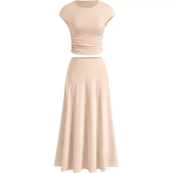 imagePRETTYGARDEN Womens 2 Piece Summer Outfits Dressy Casual Knit Short Sleeve Crop Top High Waist Midi Skirt SetBeige