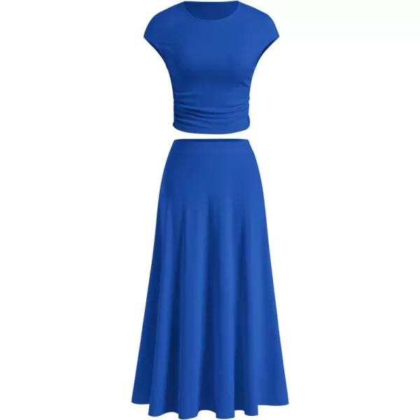 imagePRETTYGARDEN Womens 2 Piece Summer Outfits Dressy Casual Knit Short Sleeve Crop Top High Waist Midi Skirt SetBlue