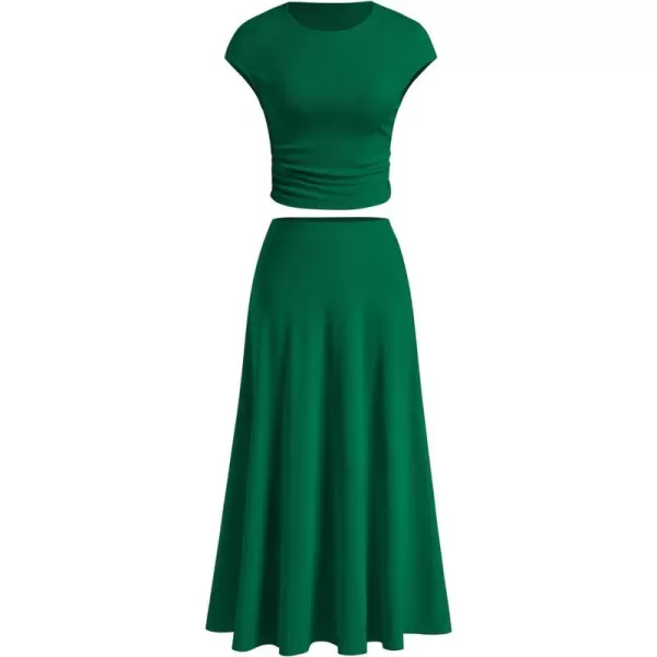 imagePRETTYGARDEN Womens 2 Piece Summer Outfits Dressy Casual Knit Short Sleeve Crop Top High Waist Midi Skirt SetGreen