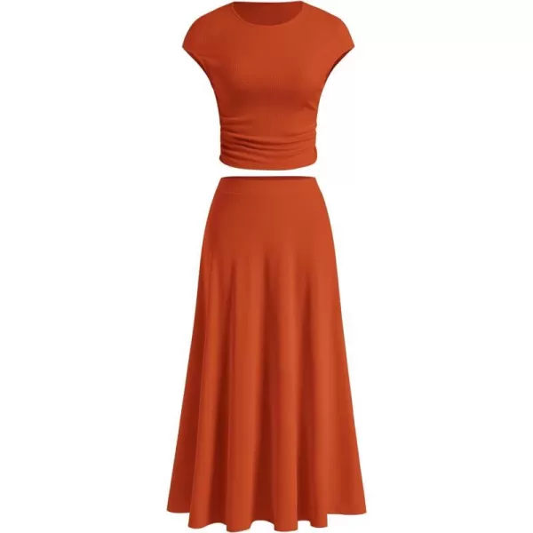imagePRETTYGARDEN Womens 2 Piece Summer Outfits Dressy Casual Knit Short Sleeve Crop Top High Waist Midi Skirt SetOrange