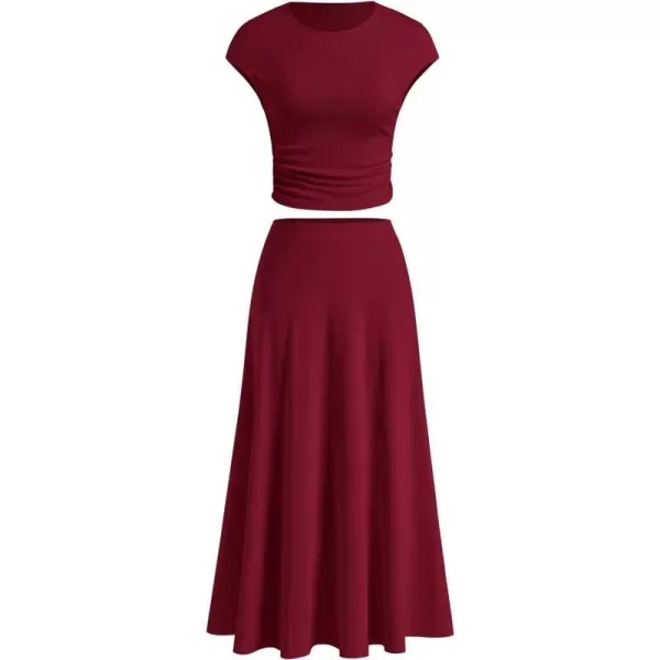 imagePRETTYGARDEN Womens 2 Piece Summer Outfits Dressy Casual Knit Short Sleeve Crop Top High Waist Midi Skirt SetWine Red
