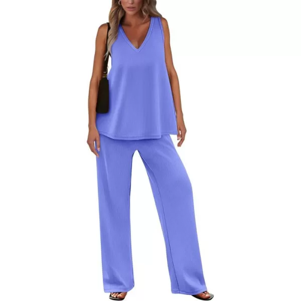 imagePRETTYGARDEN Womens 2 Piece Summer Tracksuits Sleeveless V Neck Tank Top Wide Leg Pants Casual Knit Outfit SetsBlue