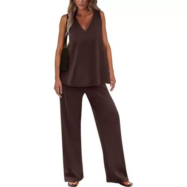 imagePRETTYGARDEN Womens 2 Piece Summer Tracksuits Sleeveless V Neck Tank Top Wide Leg Pants Casual Knit Outfit SetsCoffee