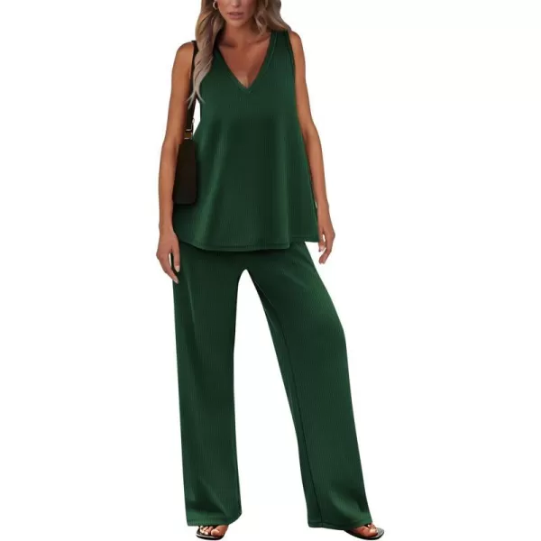 imagePRETTYGARDEN Womens 2 Piece Summer Tracksuits Sleeveless V Neck Tank Top Wide Leg Pants Casual Knit Outfit SetsDark Green