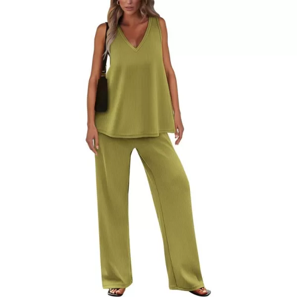 imagePRETTYGARDEN Womens 2 Piece Summer Tracksuits Sleeveless V Neck Tank Top Wide Leg Pants Casual Knit Outfit SetsGrass Green