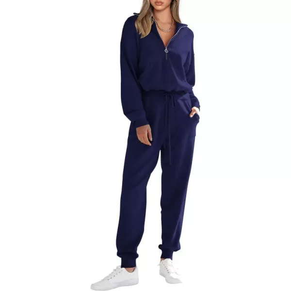 imagePRETTYGARDEN Womens 2 Piece Sweater Set Pullover Zip Up Sweatshirt Jogger Sweatpants Tracksuit Casual OutfitDark Blue