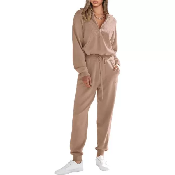 imagePRETTYGARDEN Womens 2 Piece Sweater Set Pullover Zip Up Sweatshirt Jogger Sweatpants Tracksuit Casual OutfitKhaki