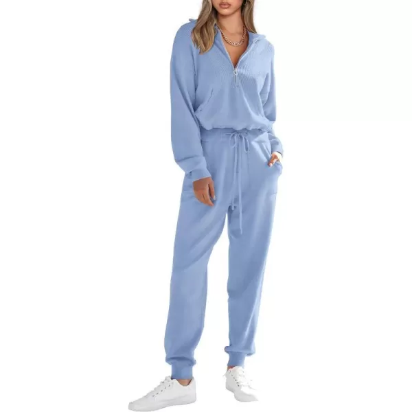 imagePRETTYGARDEN Womens 2 Piece Sweater Set Pullover Zip Up Sweatshirt Jogger Sweatpants Tracksuit Casual OutfitLight Blue