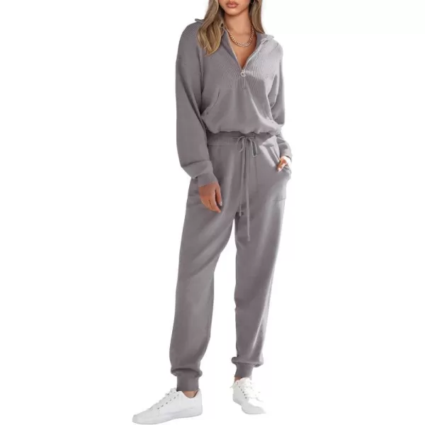 imagePRETTYGARDEN Womens 2 Piece Sweater Set Pullover Zip Up Sweatshirt Jogger Sweatpants Tracksuit Casual OutfitLight Grey