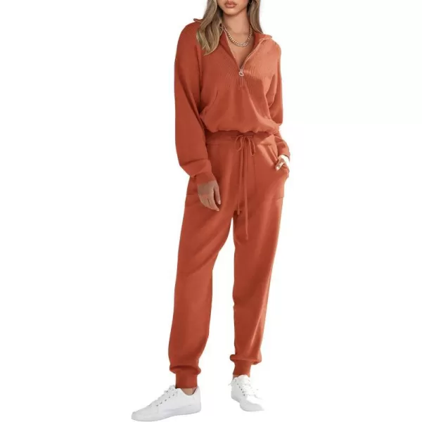 imagePRETTYGARDEN Womens 2 Piece Sweater Set Pullover Zip Up Sweatshirt Jogger Sweatpants Tracksuit Casual OutfitOrange Red