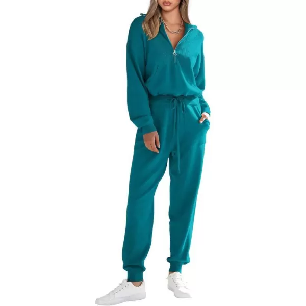 imagePRETTYGARDEN Womens 2 Piece Sweater Set Pullover Zip Up Sweatshirt Jogger Sweatpants Tracksuit Casual OutfitPeacock Blue