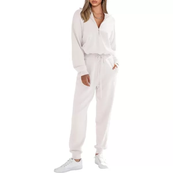 imagePRETTYGARDEN Womens 2 Piece Sweater Set Pullover Zip Up Sweatshirt Jogger Sweatpants Tracksuit Casual OutfitWhite