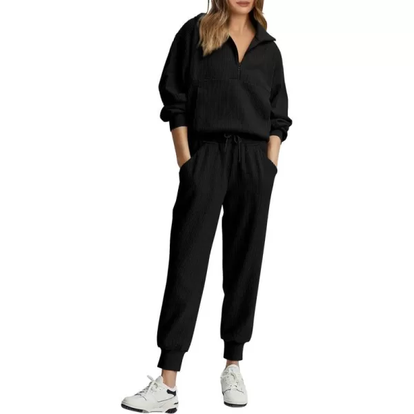 imagePRETTYGARDEN Womens 2 Piece Sweatsuits Set Long Sleeve Half Zip Pullover Sweatshirt Joggers Sweatpants Fall Outfits TracksuitBlack
