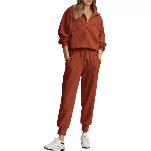 imagePRETTYGARDEN Womens 2 Piece Sweatsuits Set Long Sleeve Half Zip Pullover Sweatshirt Joggers Sweatpants Fall Outfits TracksuitBrick Red
