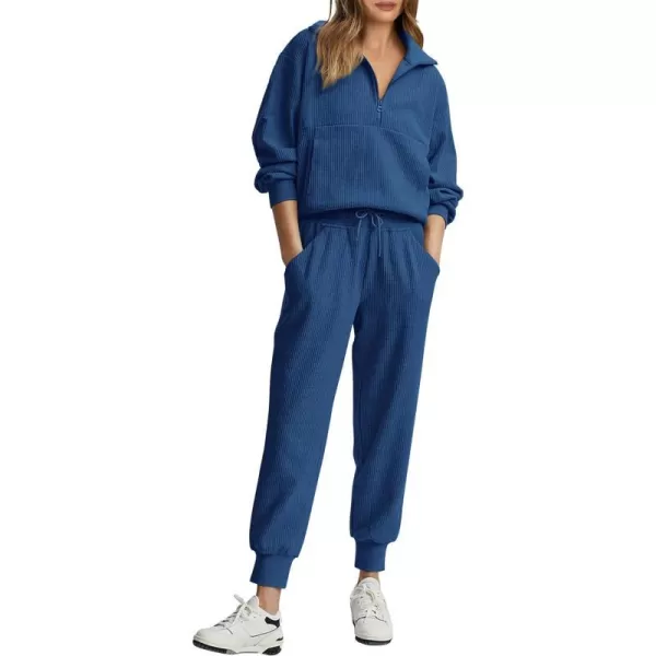 imagePRETTYGARDEN Womens 2 Piece Sweatsuits Set Long Sleeve Half Zip Pullover Sweatshirt Joggers Sweatpants Fall Outfits TracksuitDark Blue