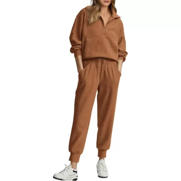 imagePRETTYGARDEN Womens 2 Piece Sweatsuits Set Long Sleeve Half Zip Pullover Sweatshirt Joggers Sweatpants Fall Outfits TracksuitDark Khaki