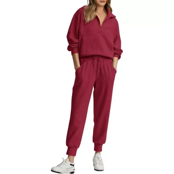 imagePRETTYGARDEN Womens 2 Piece Sweatsuits Set Long Sleeve Half Zip Pullover Sweatshirt Joggers Sweatpants Fall Outfits TracksuitWine Red