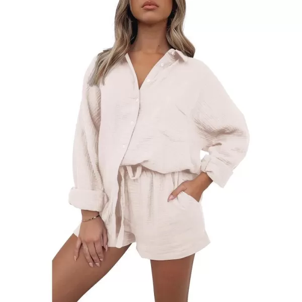 imagePRETTYGARDEN Womens 2 Piece Tracksuit Outfit Long Sleeve Blouse High Waisted Drawstring Shorts Loungewear SetBeige
