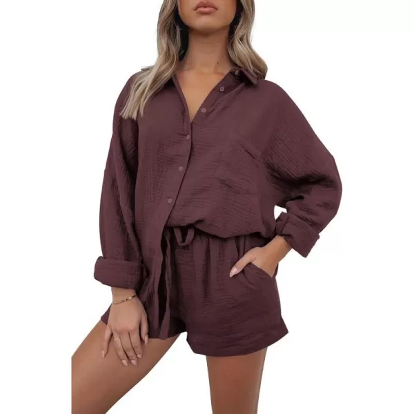 imagePRETTYGARDEN Womens 2 Piece Tracksuit Outfit Long Sleeve Blouse High Waisted Drawstring Shorts Loungewear SetBrown