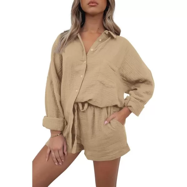imagePRETTYGARDEN Womens 2 Piece Tracksuit Outfit Long Sleeve Blouse High Waisted Drawstring Shorts Loungewear SetKhaki
