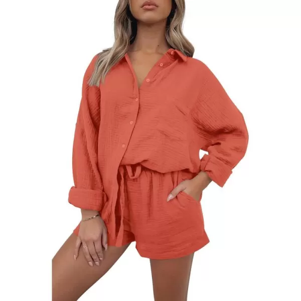 imagePRETTYGARDEN Womens 2 Piece Tracksuit Outfit Long Sleeve Blouse High Waisted Drawstring Shorts Loungewear SetOrange