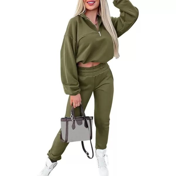 imagePRETTYGARDEN Womens 2 Piece Tracksuit Outfit Long Sleeve Zip Up Sweatshirt High Waist Jogger Sweatpants SetArmy Green