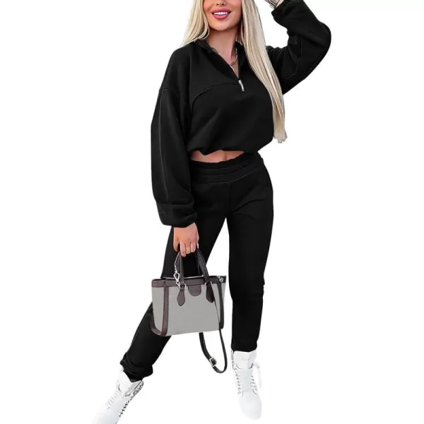 imagePRETTYGARDEN Womens 2 Piece Tracksuit Outfit Long Sleeve Zip Up Sweatshirt High Waist Jogger Sweatpants SetBlack