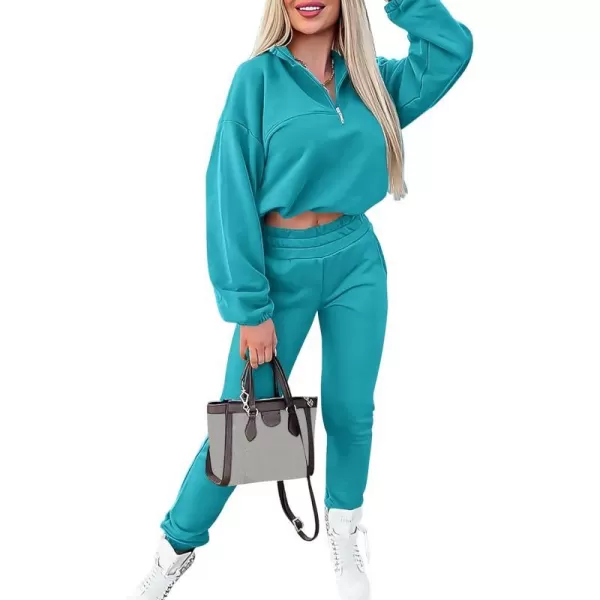 imagePRETTYGARDEN Womens 2 Piece Tracksuit Outfit Long Sleeve Zip Up Sweatshirt High Waist Jogger Sweatpants SetBlue Green