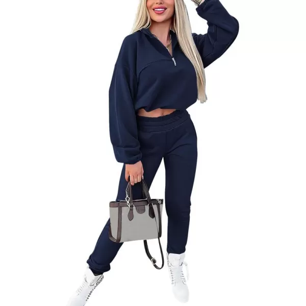 imagePRETTYGARDEN Womens 2 Piece Tracksuit Outfit Long Sleeve Zip Up Sweatshirt High Waist Jogger Sweatpants SetDark Blue