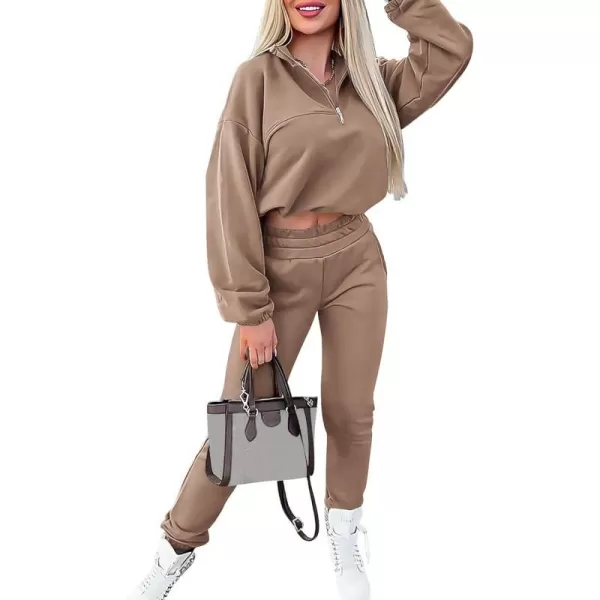imagePRETTYGARDEN Womens 2 Piece Tracksuit Outfit Long Sleeve Zip Up Sweatshirt High Waist Jogger Sweatpants SetKhaki