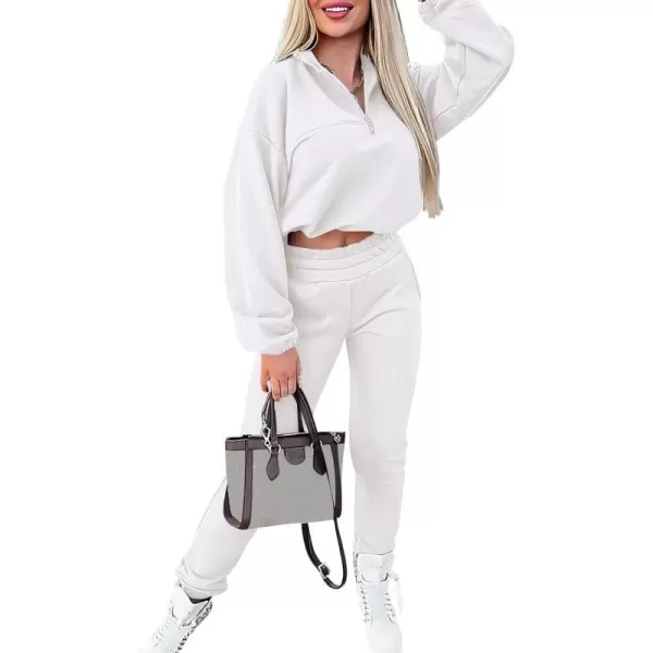 imagePRETTYGARDEN Womens 2 Piece Tracksuit Outfit Long Sleeve Zip Up Sweatshirt High Waist Jogger Sweatpants SetWhite