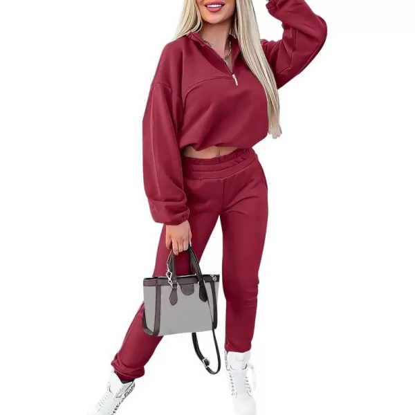 imagePRETTYGARDEN Womens 2 Piece Tracksuit Outfit Long Sleeve Zip Up Sweatshirt High Waist Jogger Sweatpants SetWine Red