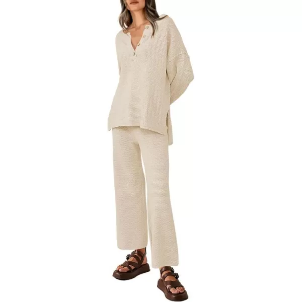 imagePRETTYGARDEN Womens 2 Piece Tracksuit Outfits 2023 Fall Knit Sweater And Wide Leg Pants Sweatsuit Lounge SetsBeige