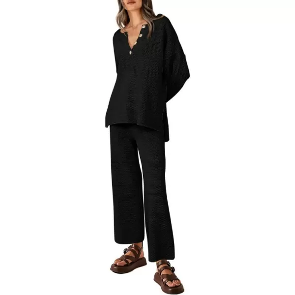 imagePRETTYGARDEN Womens 2 Piece Tracksuit Outfits 2023 Fall Knit Sweater And Wide Leg Pants Sweatsuit Lounge SetsBlack