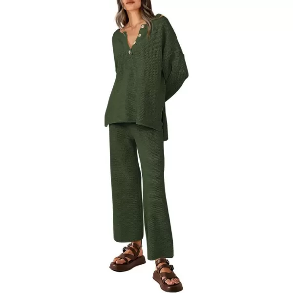 imagePRETTYGARDEN Womens 2 Piece Tracksuit Outfits 2023 Fall Knit Sweater And Wide Leg Pants Sweatsuit Lounge SetsDark Army Green