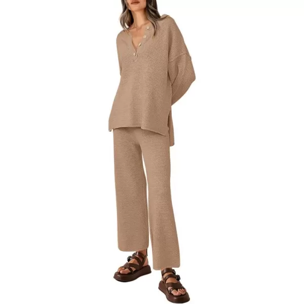 imagePRETTYGARDEN Womens 2 Piece Tracksuit Outfits 2023 Fall Knit Sweater And Wide Leg Pants Sweatsuit Lounge SetsKhaki