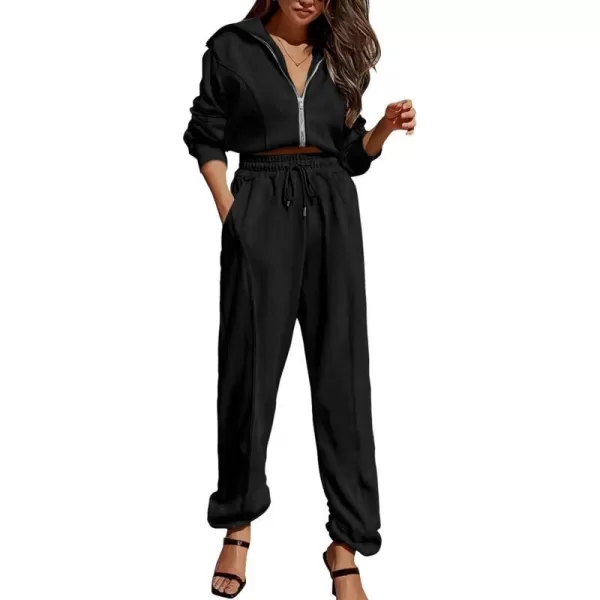 imagePRETTYGARDEN Womens 2 Piece Tracksuit Outfits Long Sleeve Zip Up Sweatshirt Drawstring Sweatpants Lounge SetBlack