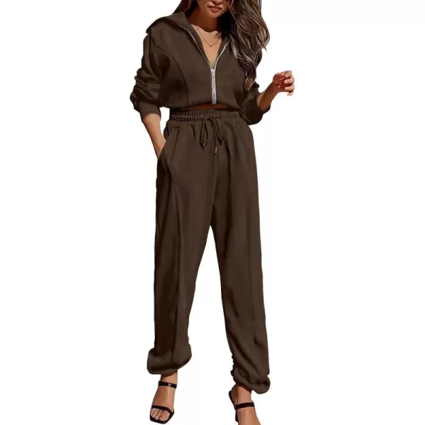 imagePRETTYGARDEN Womens 2 Piece Tracksuit Outfits Long Sleeve Zip Up Sweatshirt Drawstring Sweatpants Lounge SetCoffee