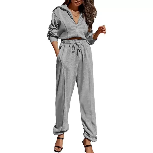 imagePRETTYGARDEN Womens 2 Piece Tracksuit Outfits Long Sleeve Zip Up Sweatshirt Drawstring Sweatpants Lounge SetGrey