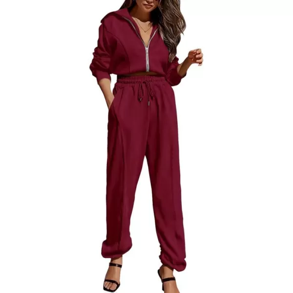 imagePRETTYGARDEN Womens 2 Piece Tracksuit Outfits Long Sleeve Zip Up Sweatshirt Drawstring Sweatpants Lounge SetWine Red