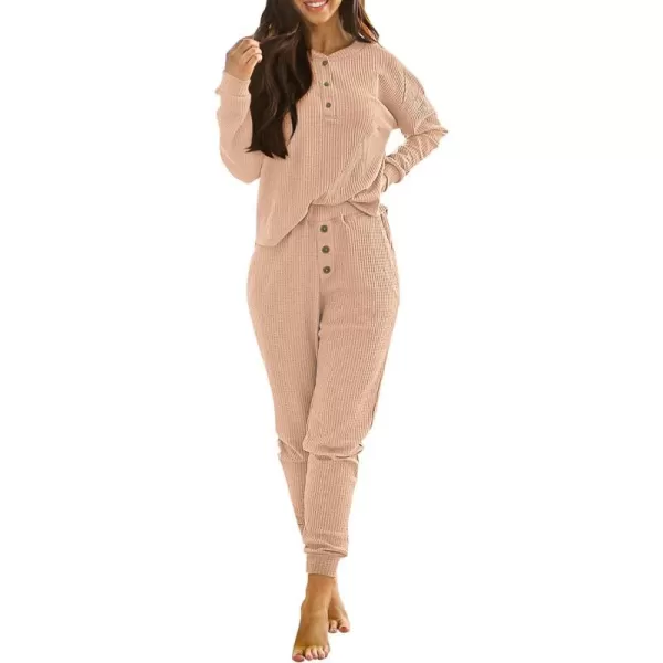 imagePRETTYGARDEN Womens 2 Piece Waffle Knit Lounge Outfit Long Sleeve Henley Top and Sweatpants Set TracksuitKhaki