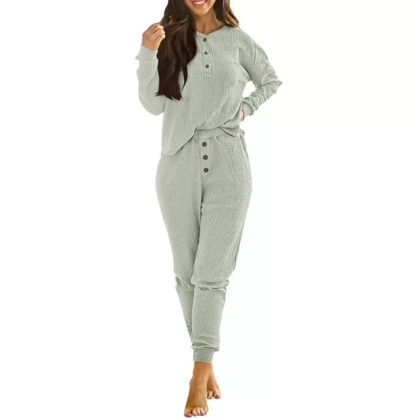 imagePRETTYGARDEN Womens 2 Piece Waffle Knit Lounge Outfit Long Sleeve Henley Top and Sweatpants Set TracksuitLight Green
