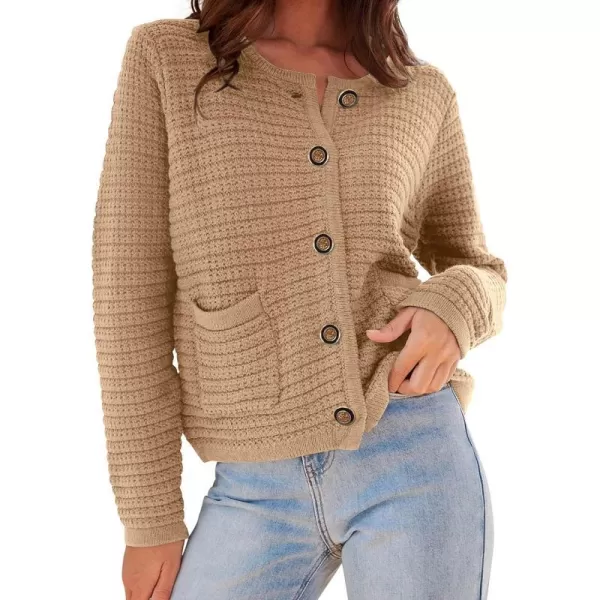 imagePRETTYGARDEN Womens 2023 Cardigan Sweaters Fall Open Front Button Down Long Sleeve Pockets Casual Chunky Knit Shirt OuterwearKhaki