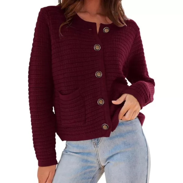 imagePRETTYGARDEN Womens 2023 Cardigan Sweaters Fall Open Front Button Down Long Sleeve Pockets Casual Chunky Knit Shirt OuterwearWine Red