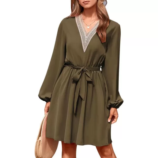 imagePRETTYGARDEN Womens 2023 Casual Fall Dress Long Sleeve Lace Trim V Neck Belted Short A Line Flowy DressArmy Green